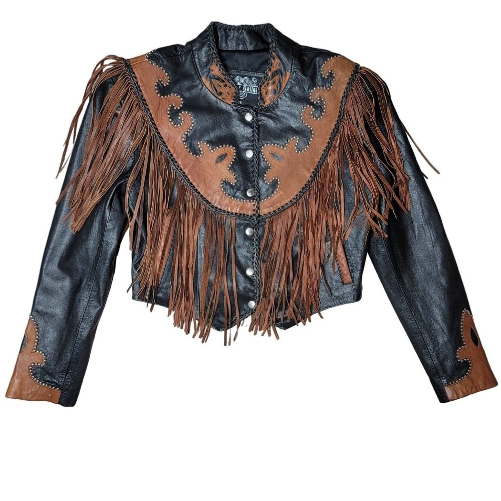 Leather Gallery black and brown country western fringe leather jacket with studs